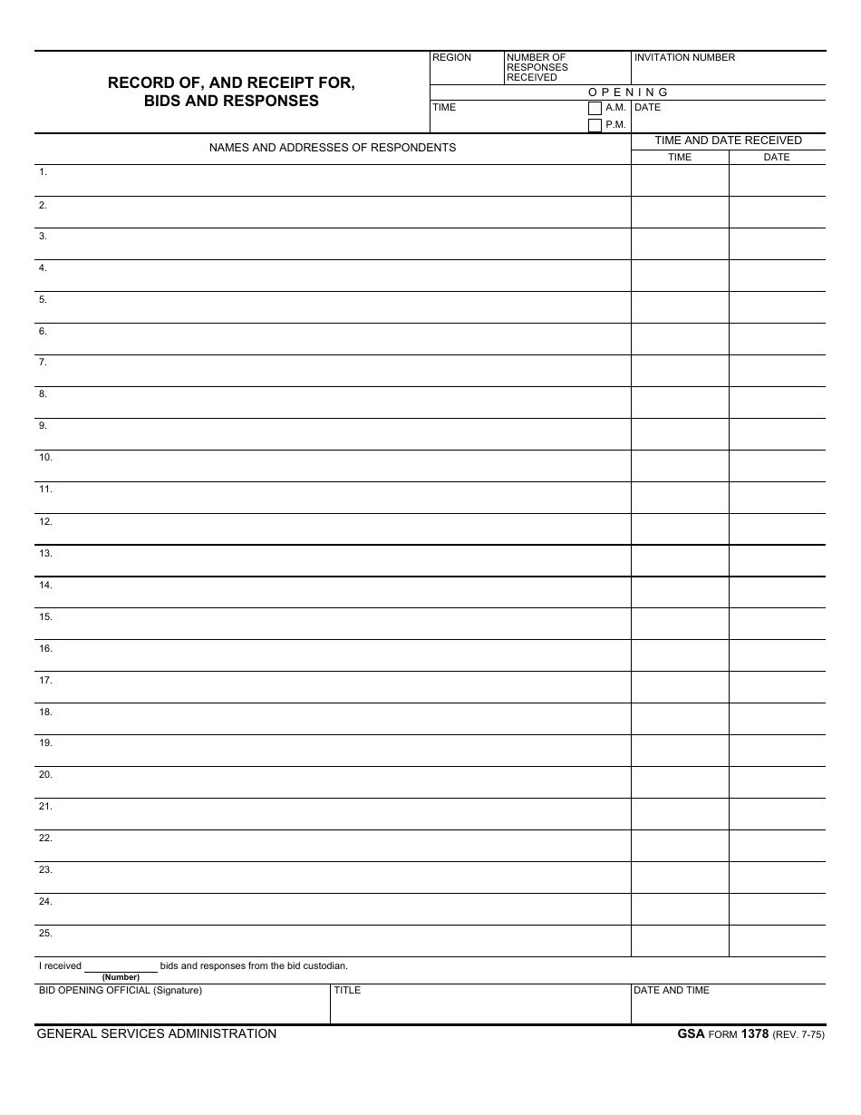GSA Form 1378 Record of, and Receipt for, Bids and Responses, Page 1