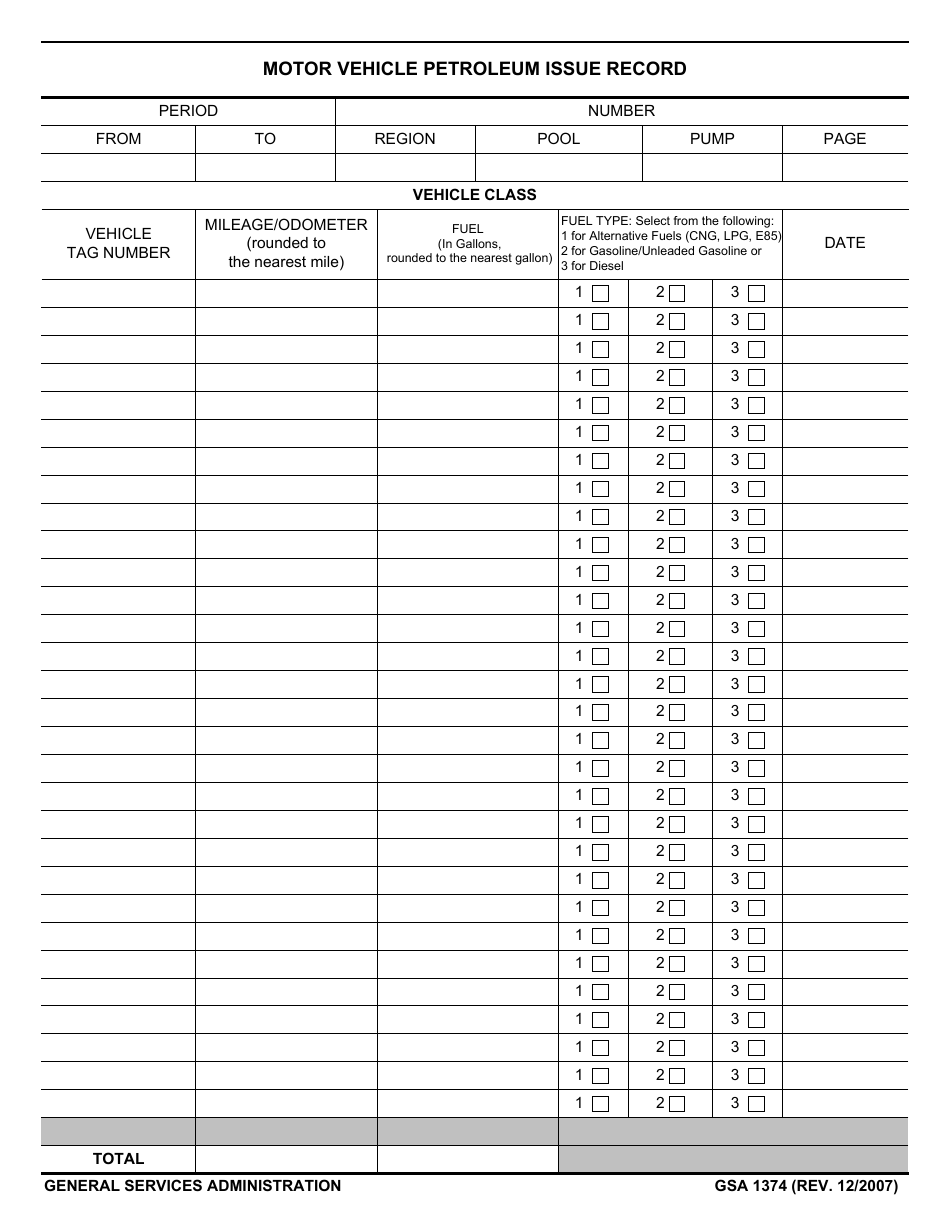 GSA Form 1374 Motor Vehicle Petroleum Issue Record, Page 1