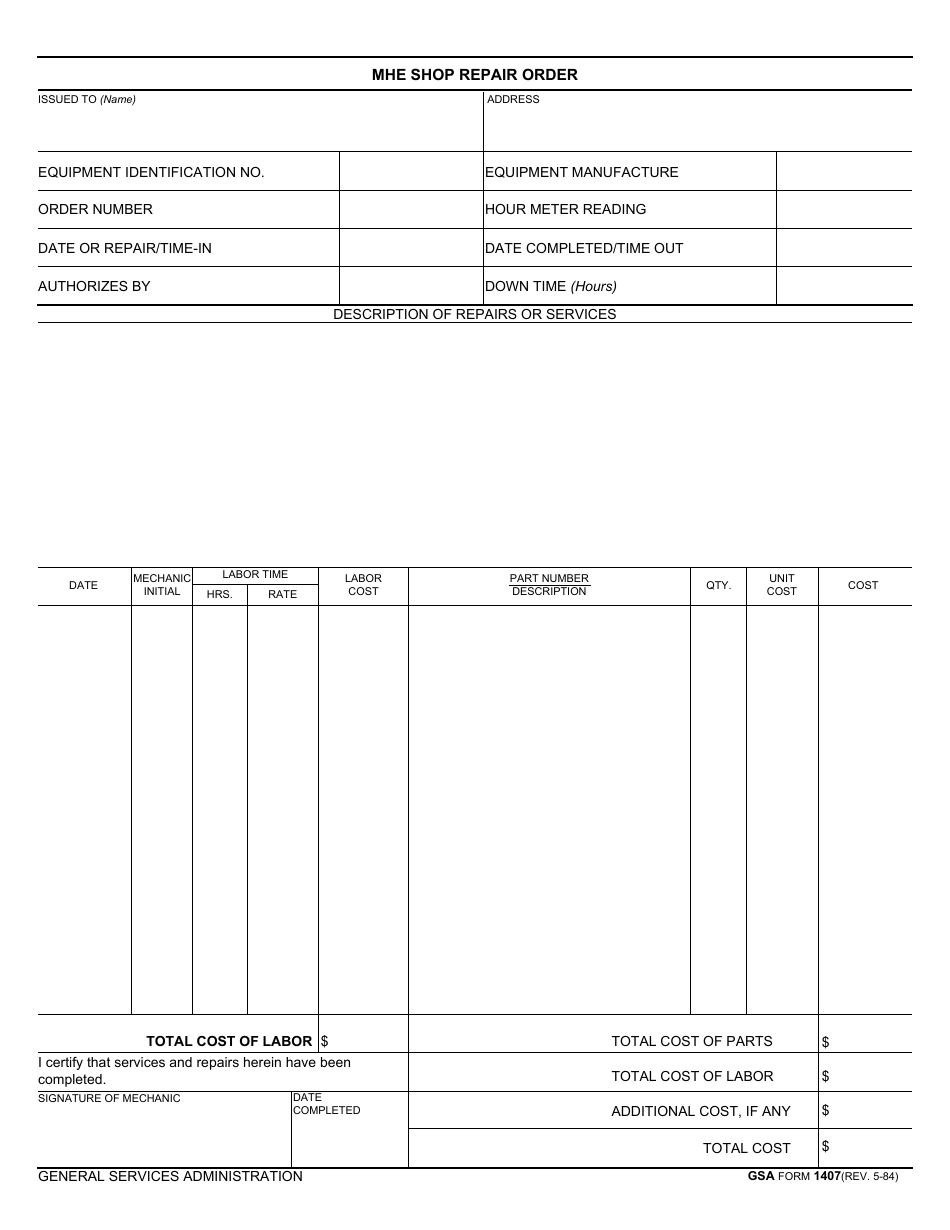 GSA Form 1407 Mhe Shop Repair Order, Page 1
