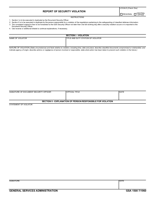 GSA Form 1500 Report of Security Violation