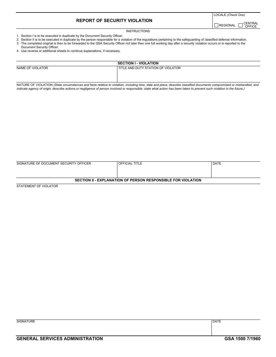 GSA Form 1500 Report of Security Violation, Page 1