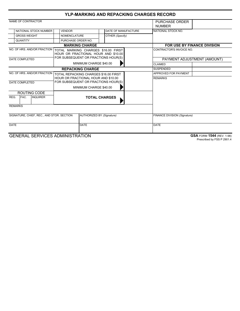GSA Form 1544 Ylp-Marking and Repacking Charges Record, Page 1