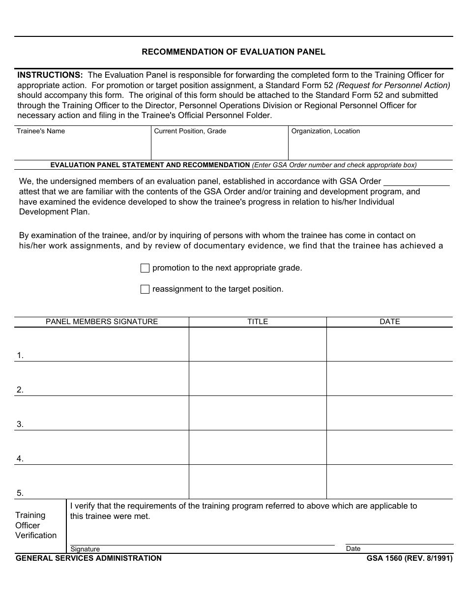 GSA Form 1560 Recommendation of Evaluation Panel, Page 1