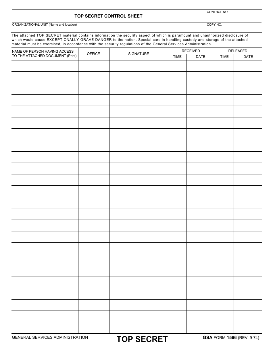 GSA Form 1566 Top Secret Control Sheet, Page 1