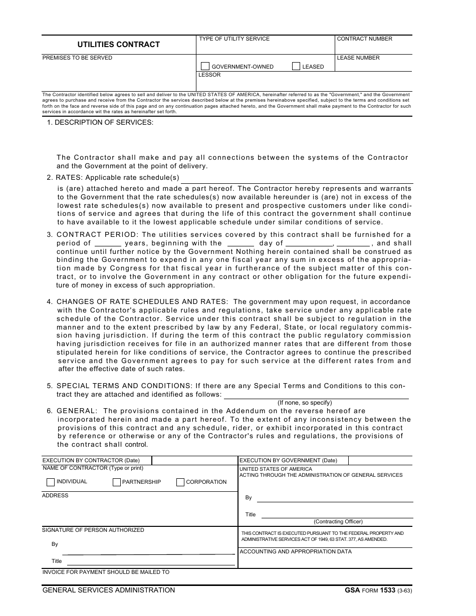 GSA Form 1533 Utilities Contract, Page 1