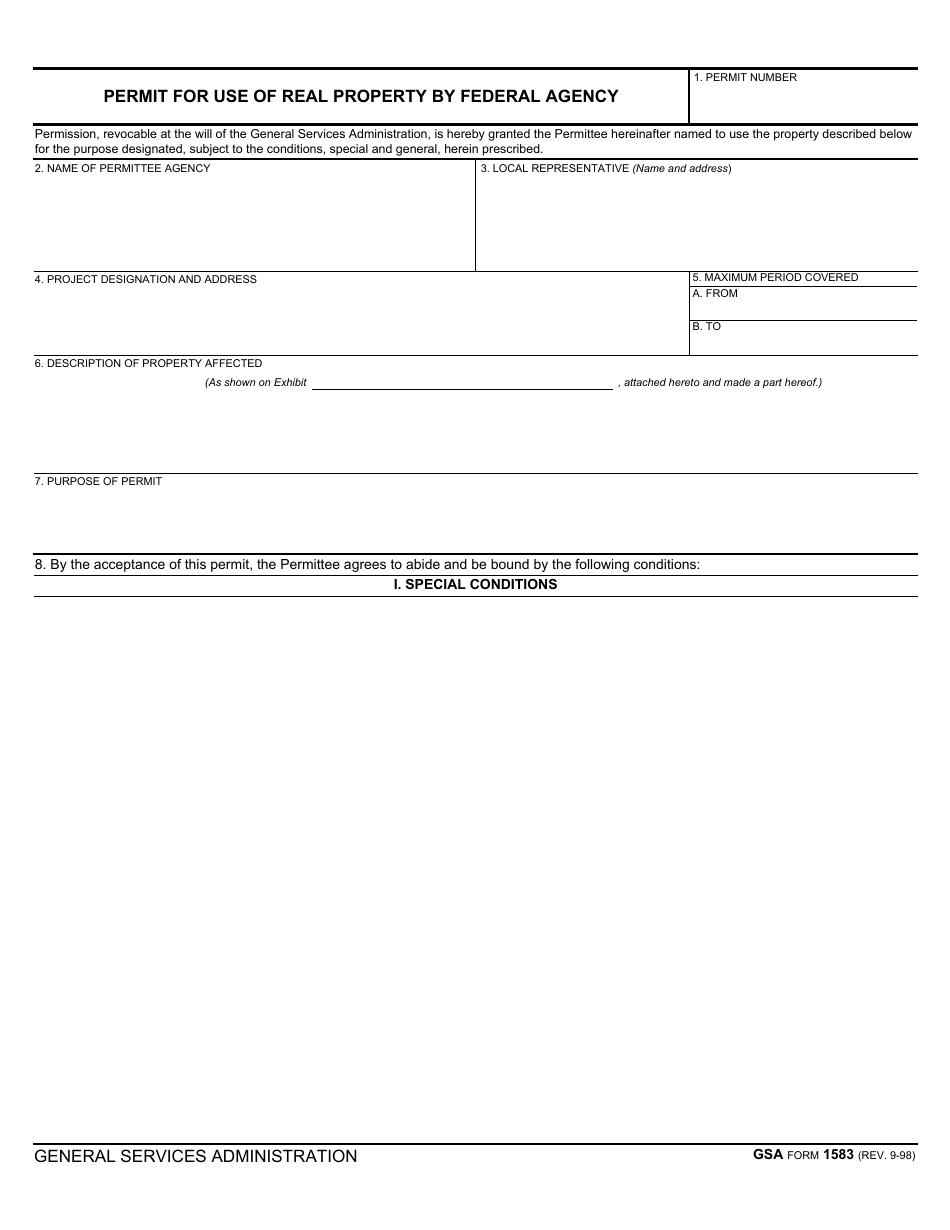 GSA Form 1583 Permit for Use of Real Property by Federal Agency, Page 1