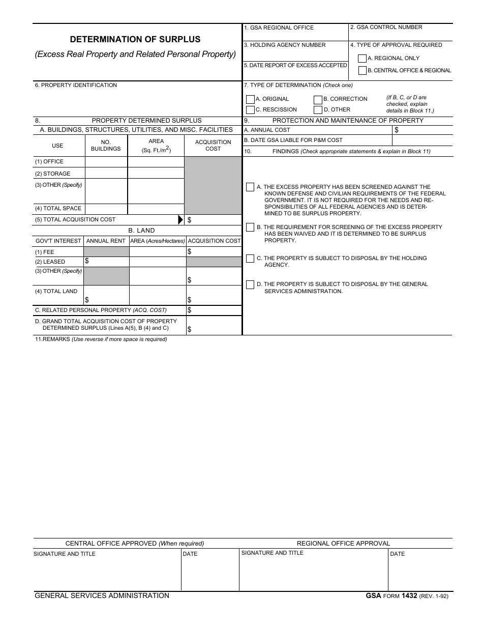 GSA Form 1432 Determination of Surplus, Page 1