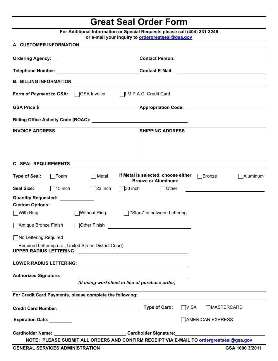 GSA Form 1600 Great Seal Order Form, Page 1