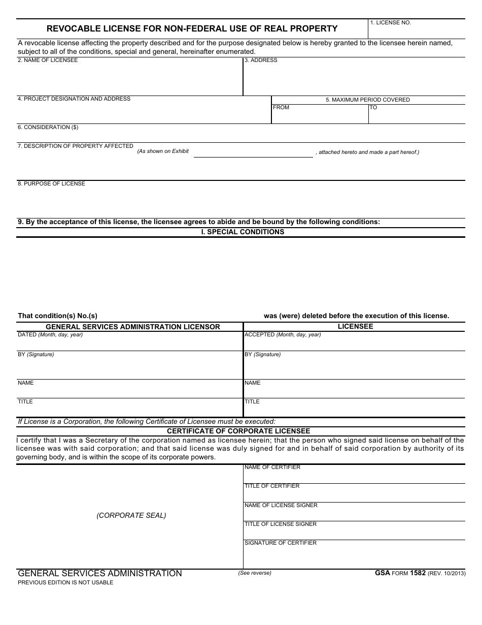 GSA Form 1582 Revocable License for Non-federal Use of Real Property, Page 1