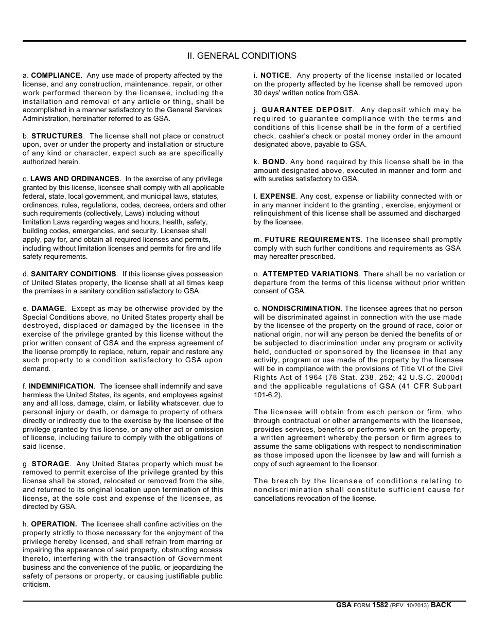 GSA Form 1582 Revocable License for Non-federal Use of Real Property, Page 2