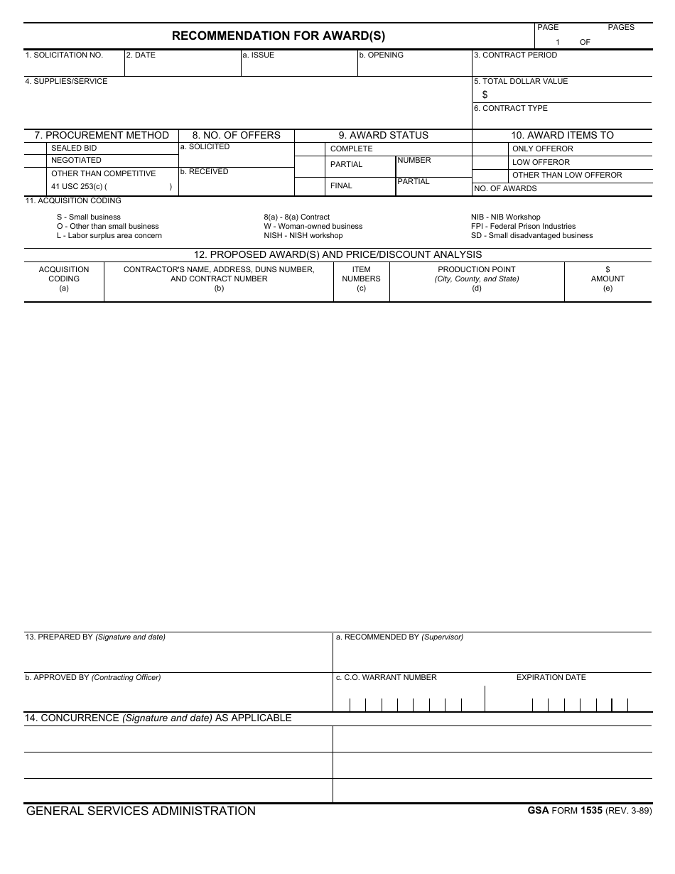 GSA Form 1535 Recommendation for Award(S), Page 1