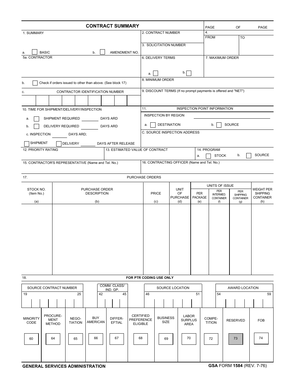 GSA Form 1584 Contract Summary, Page 1