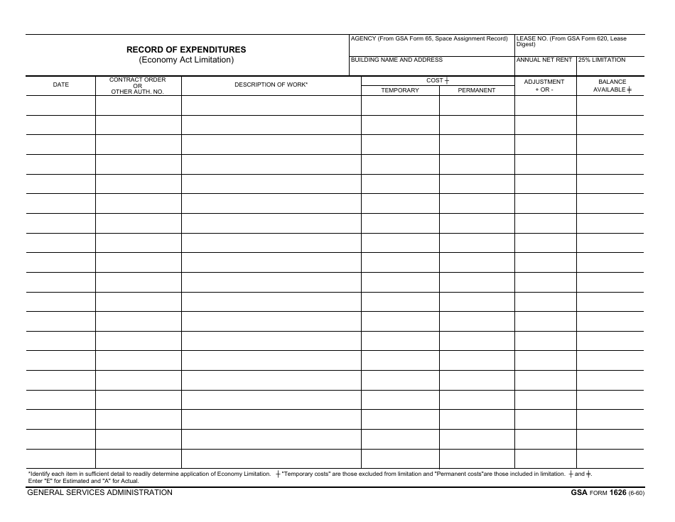 GSA Form 1626 Record of Expenditures (Economy Act Limitation), Page 1