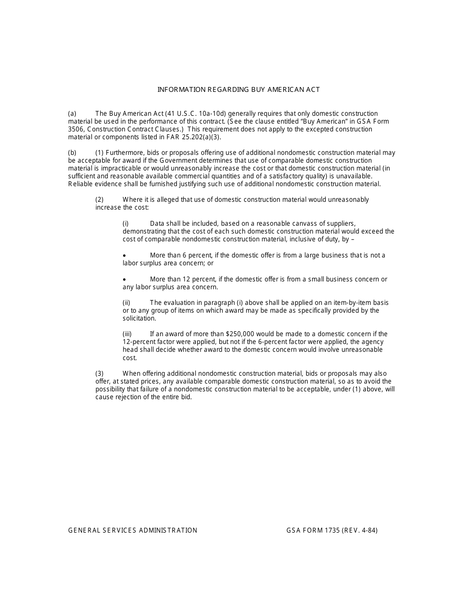 GSA Form 1735 Information Regarding Buy American Act, Page 1