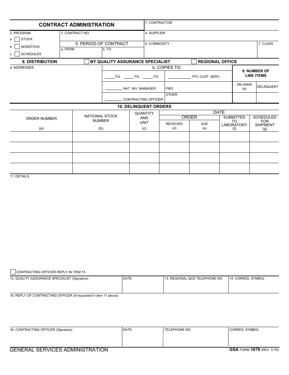 GSA Form 1679 Contract Administration, Page 1