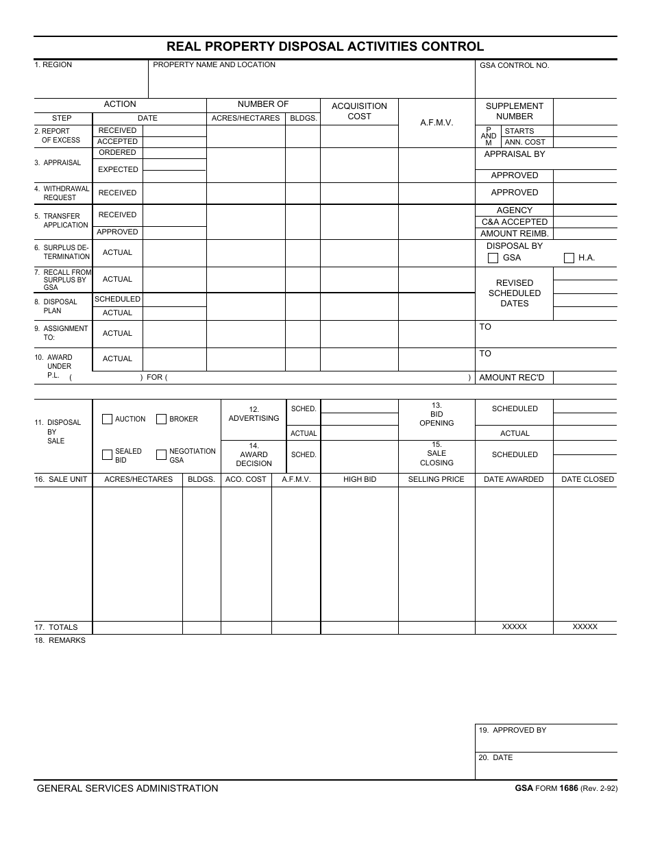 GSA Form 1686 Real Property Disposal Activities Control, Page 1