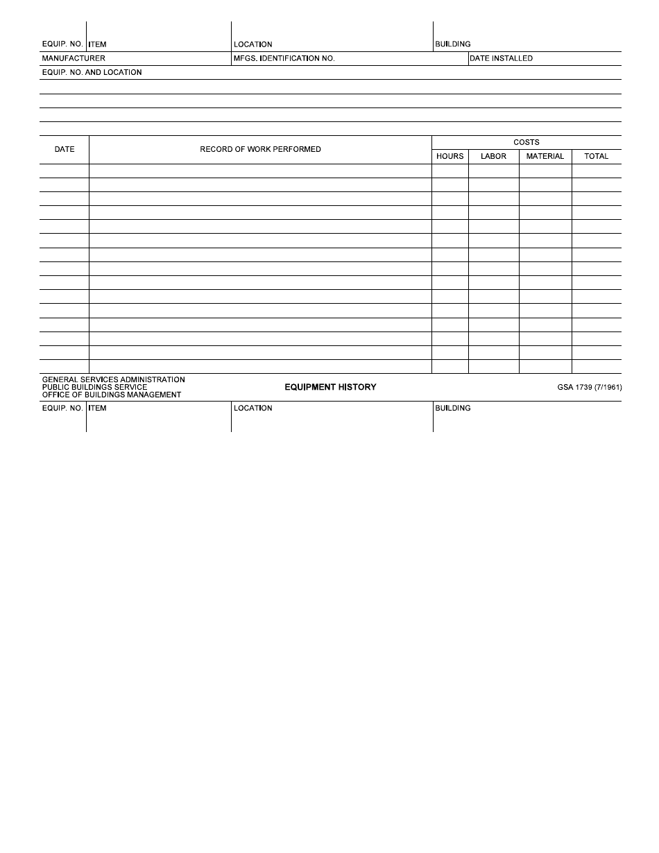 GSA Form 1739 Equipment History, Page 1