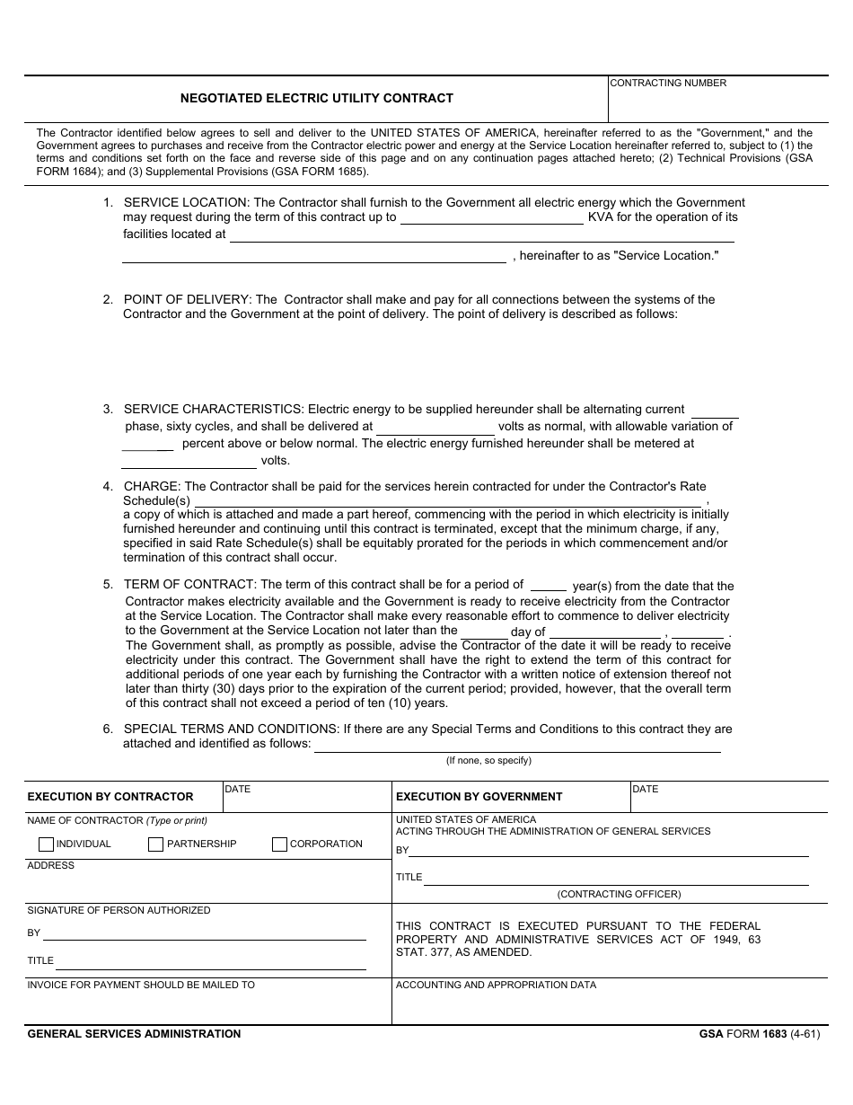 GSA Form 1683 Negotiated Electric Utility Contract, Page 1