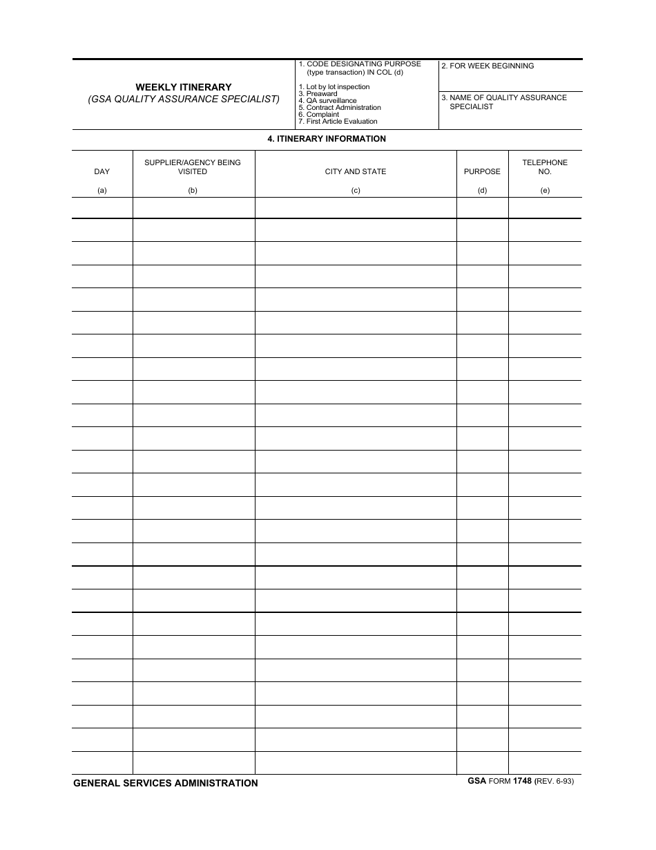 GSA Form 1748 Weekly Itinerary (GSA Quality Assurance Specialist), Page 1