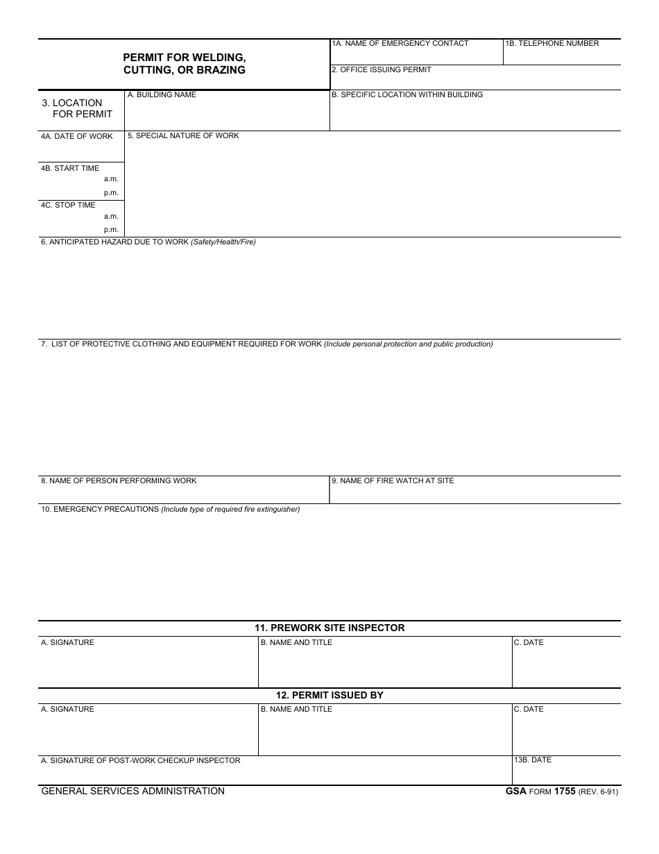 GSA Form 1755 Permit for Welding, Cutting, or Brazing, Page 1