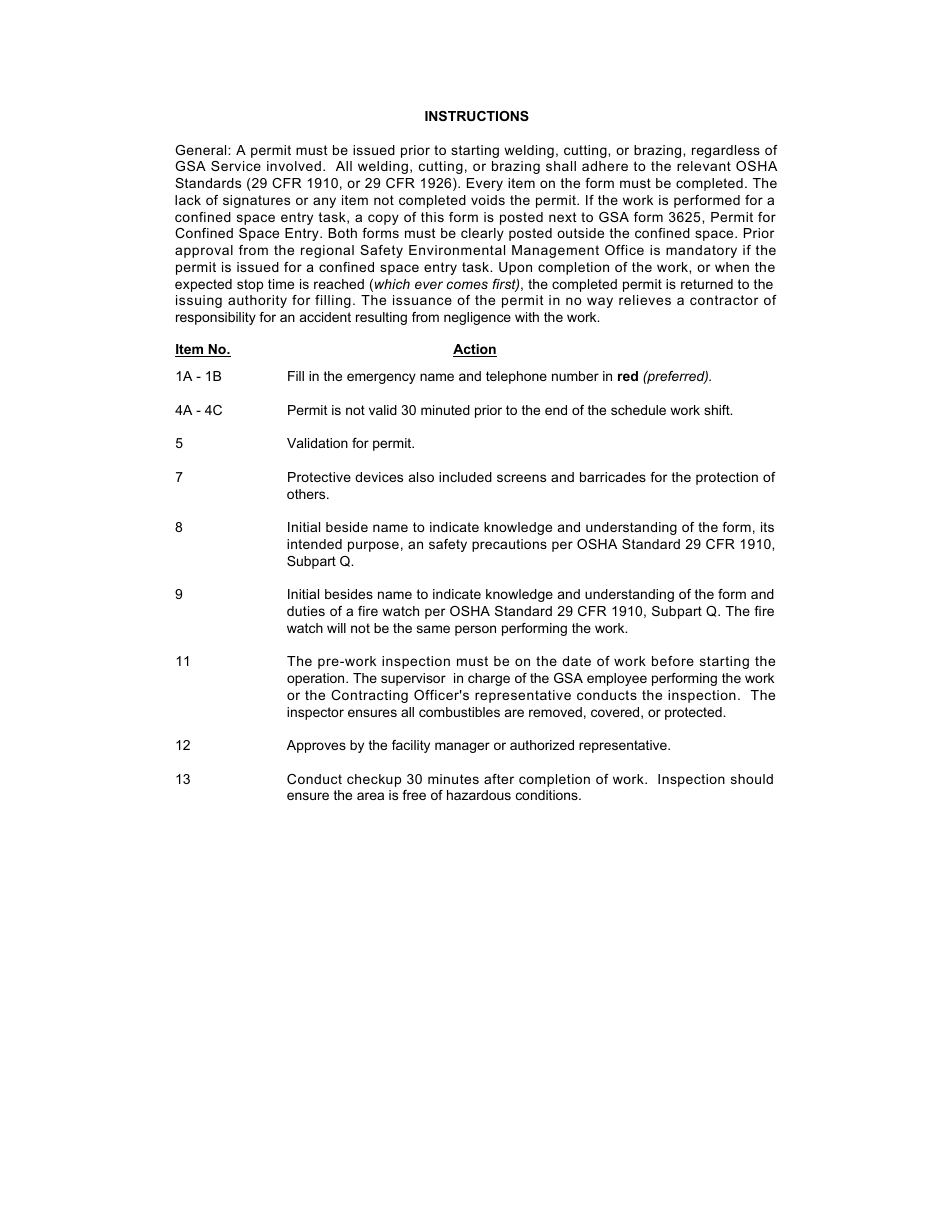 GSA Form 1755 Permit for Welding, Cutting, or Brazing, Page 2