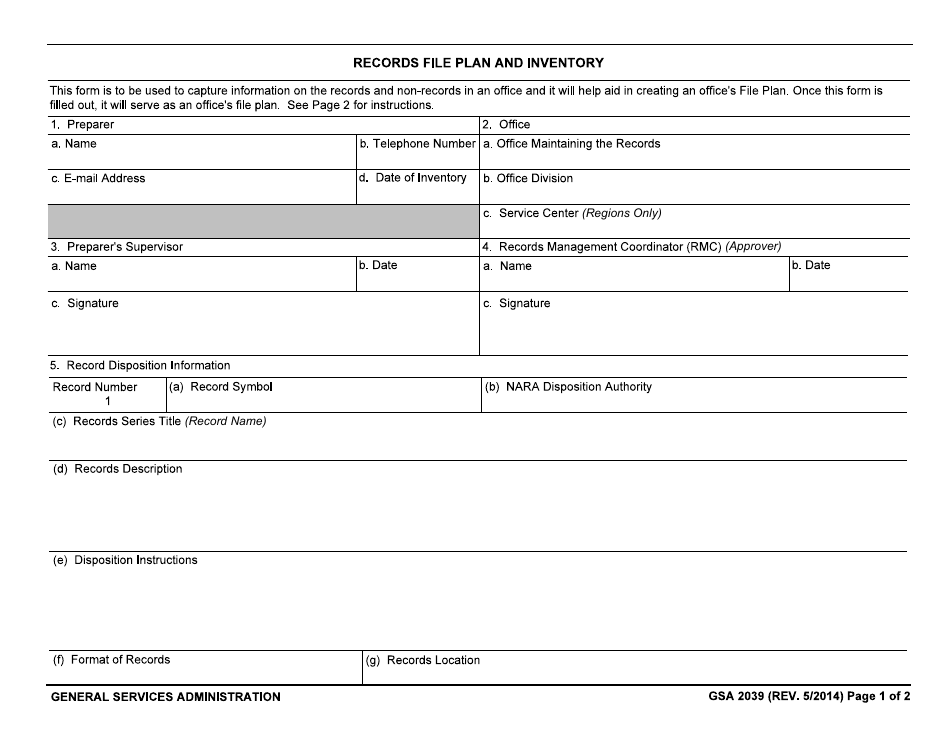 GSA Form 2039 Records File Plan and Inventory, Page 1
