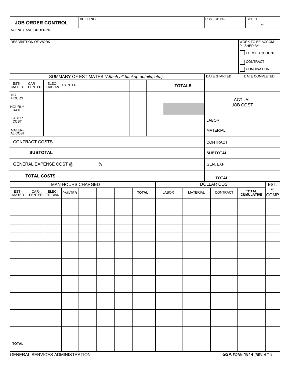 GSA Form 1814 Job Order Control, Page 1