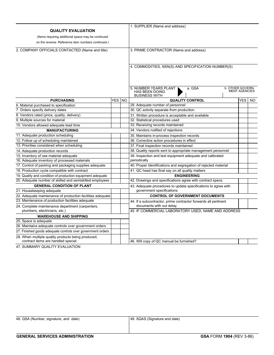 GSA Form 1904 Quality Evaluation, Page 1