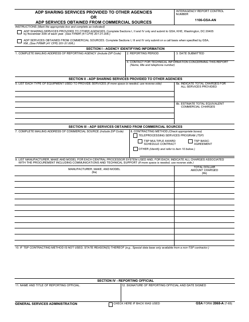 GSA Form 2068-A Adp Sharing Services Provided to Other Agencies or Adp Services Obtained From Commercial Sources