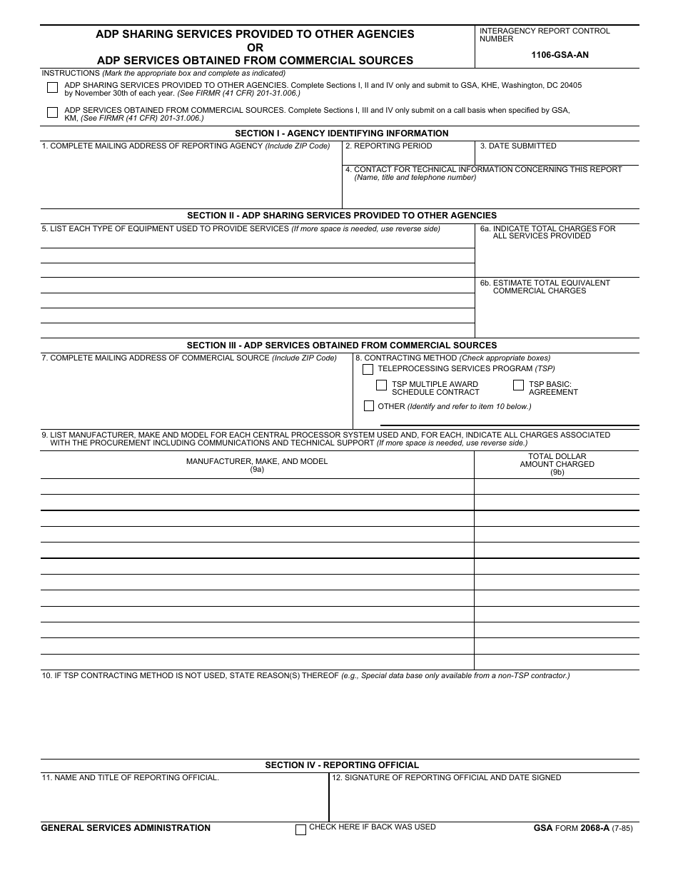 GSA Form 2068-A Adp Sharing Services Provided to Other Agencies or Adp Services Obtained From Commercial Sources, Page 1
