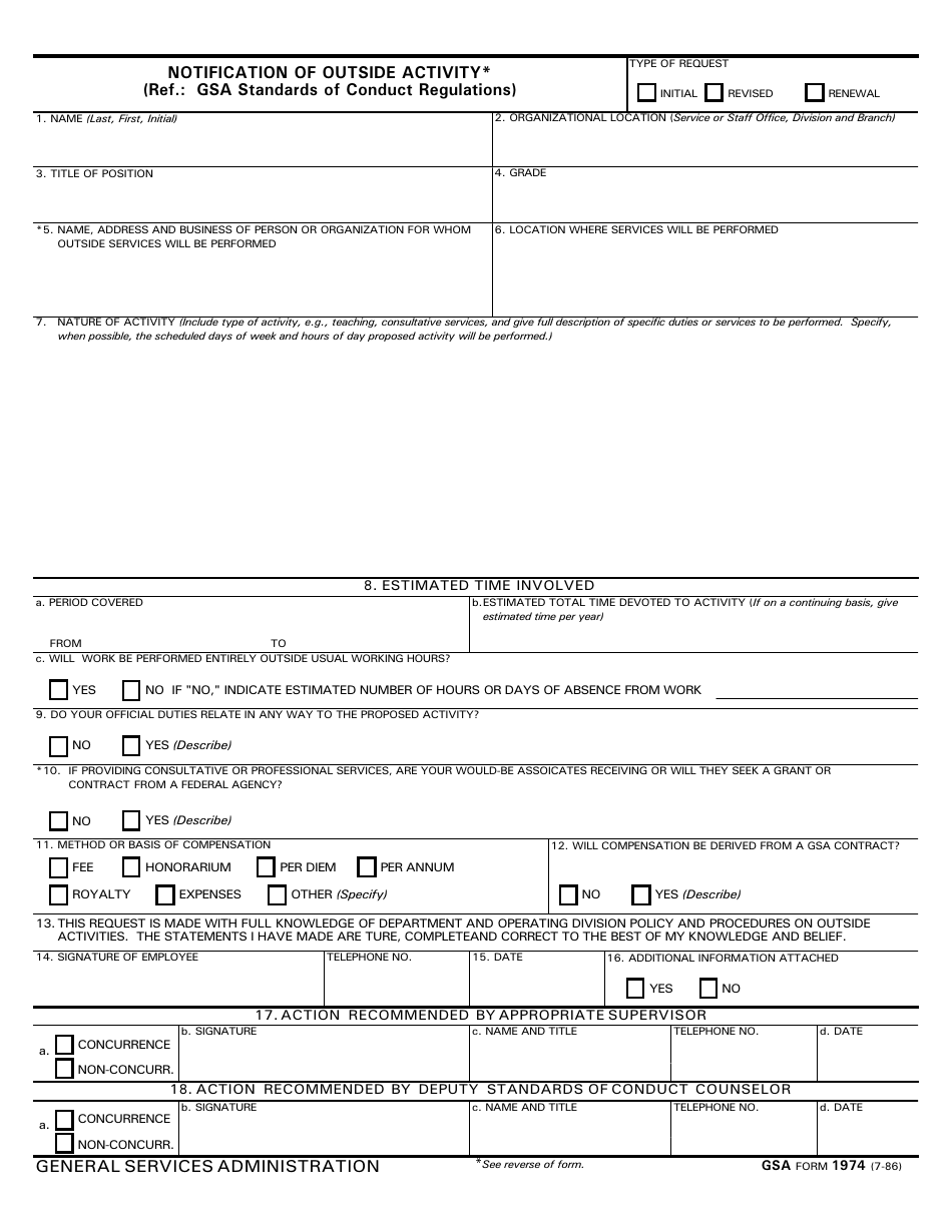 GSA Form 1974 Notification of Outside Activity, Page 1
