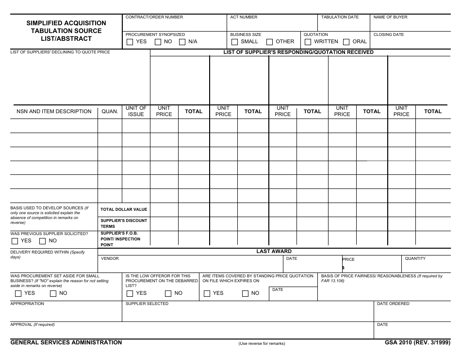 GSA Form 2010 Simplified Acquisition Tabulation Source List / Abstract, Page 1