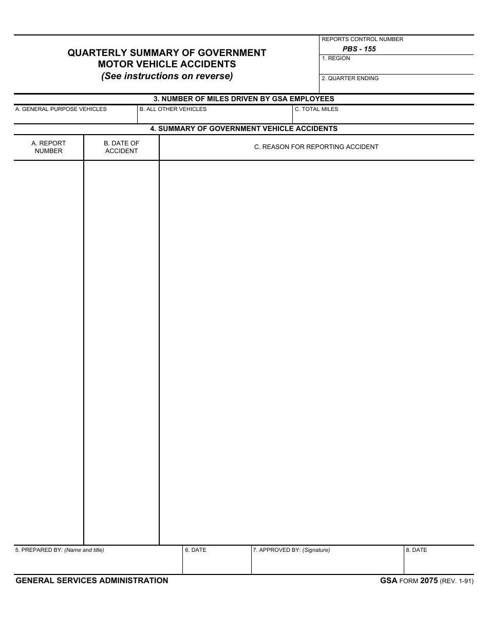 GSA Form 2075 Quarterly Summary of Government Motor Vehicle Accidents, Page 1