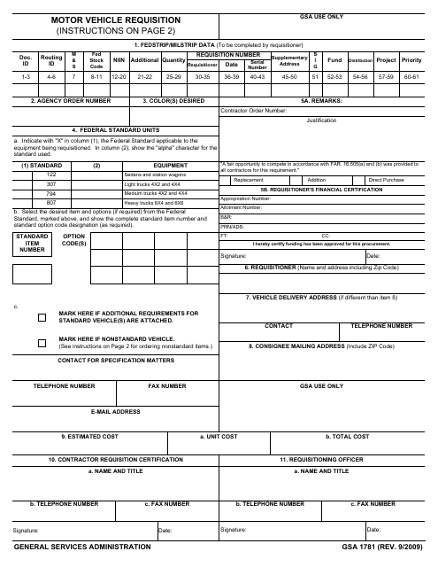 GSA Form 1781 Motor Vehicle Requisition