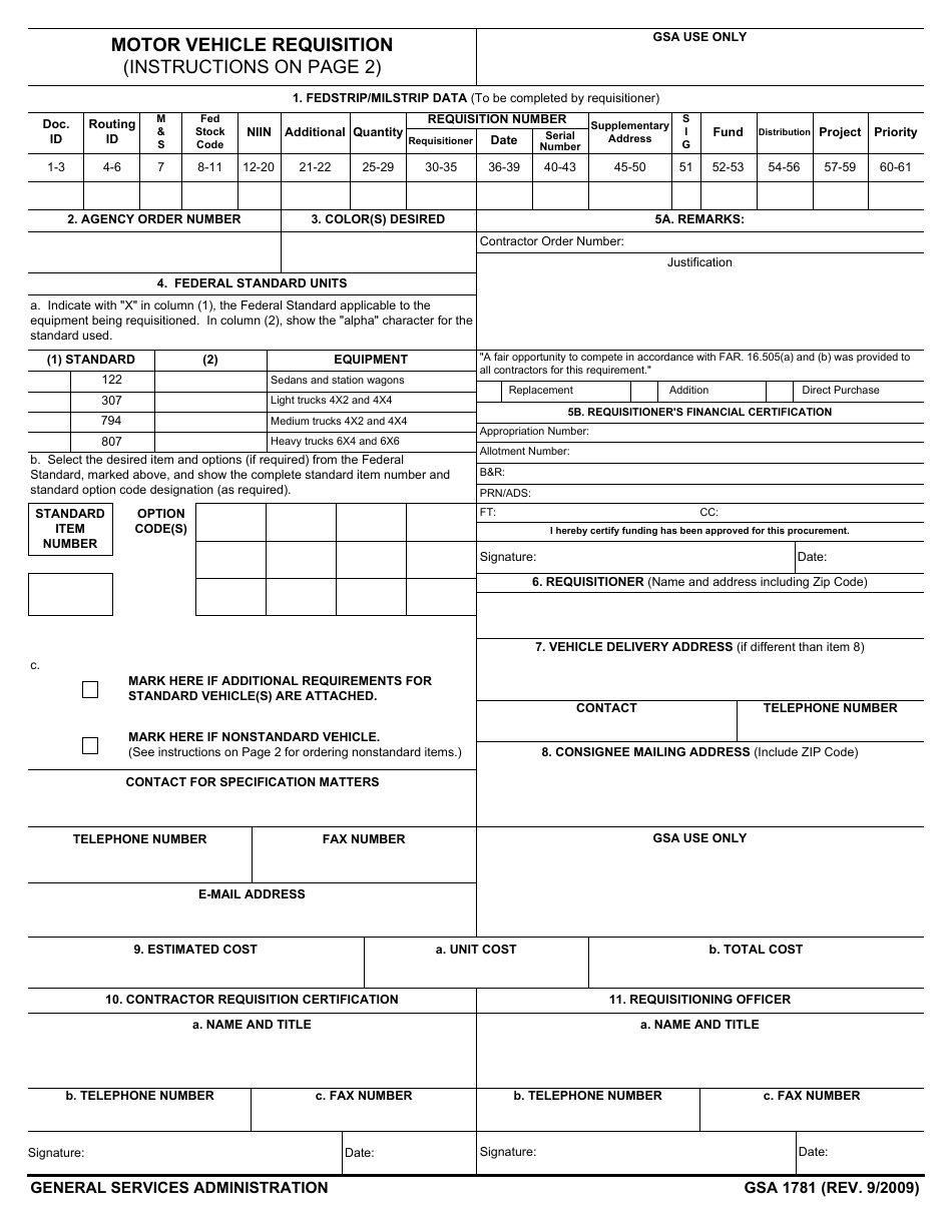 GSA Form 1781 Motor Vehicle Requisition, Page 1