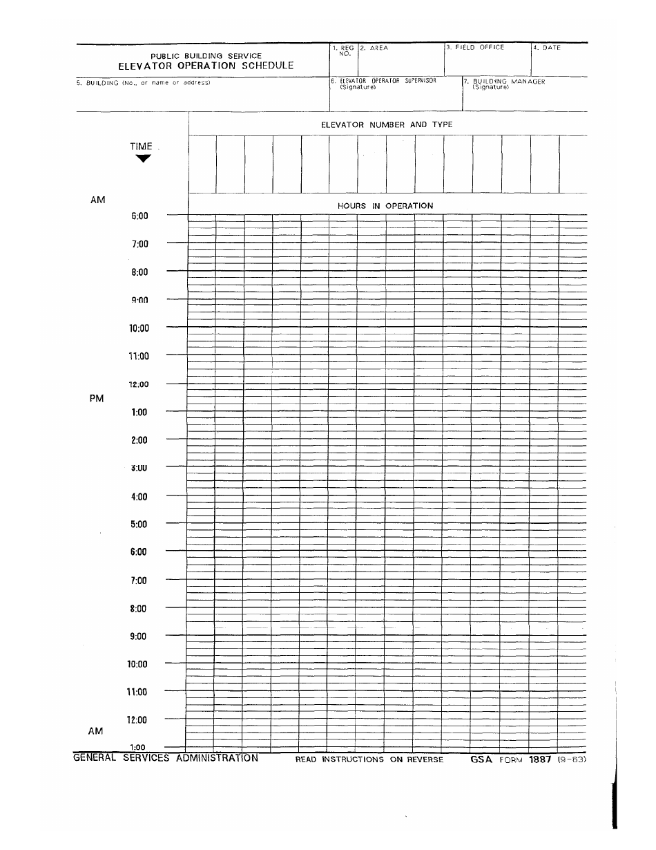GSA Form 1887 Elevator Operation Schedule, Page 1