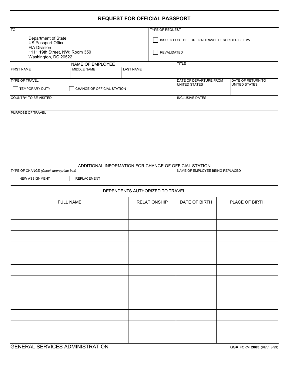 GSA Form 2083 Request for Official Passport, Page 1