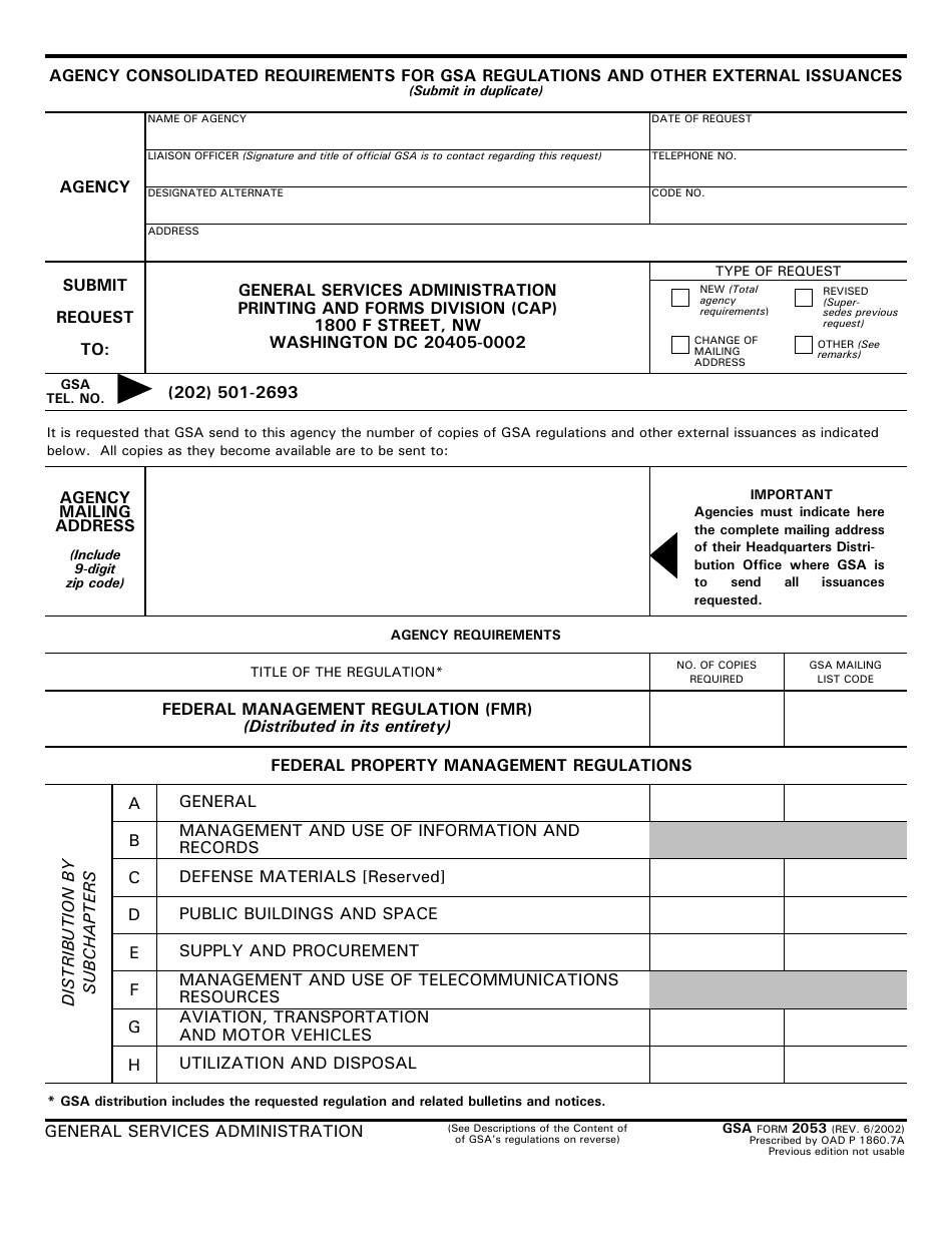 GSA Form 2053 Agency Consolidated Requirements for GSA Regulations and Other External Issuances, Page 1