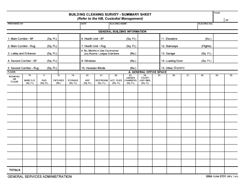 GSA Form 2131 Building Cleaning Survey - Summary Sheet