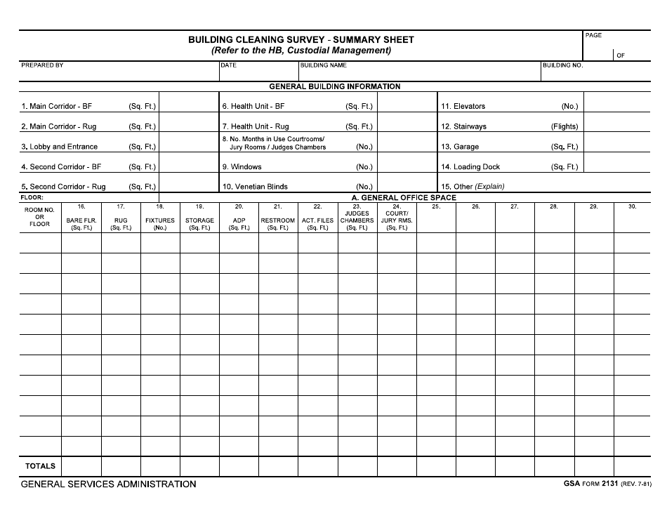GSA Form 2131 Building Cleaning Survey - Summary Sheet, Page 1