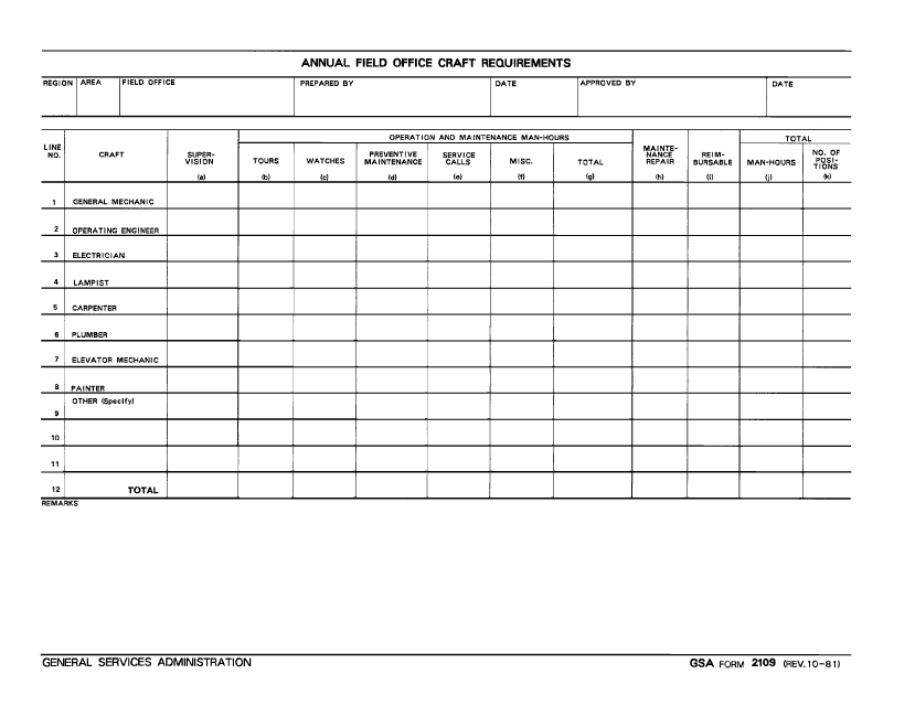 GSA Form 2109  Printable Pdf