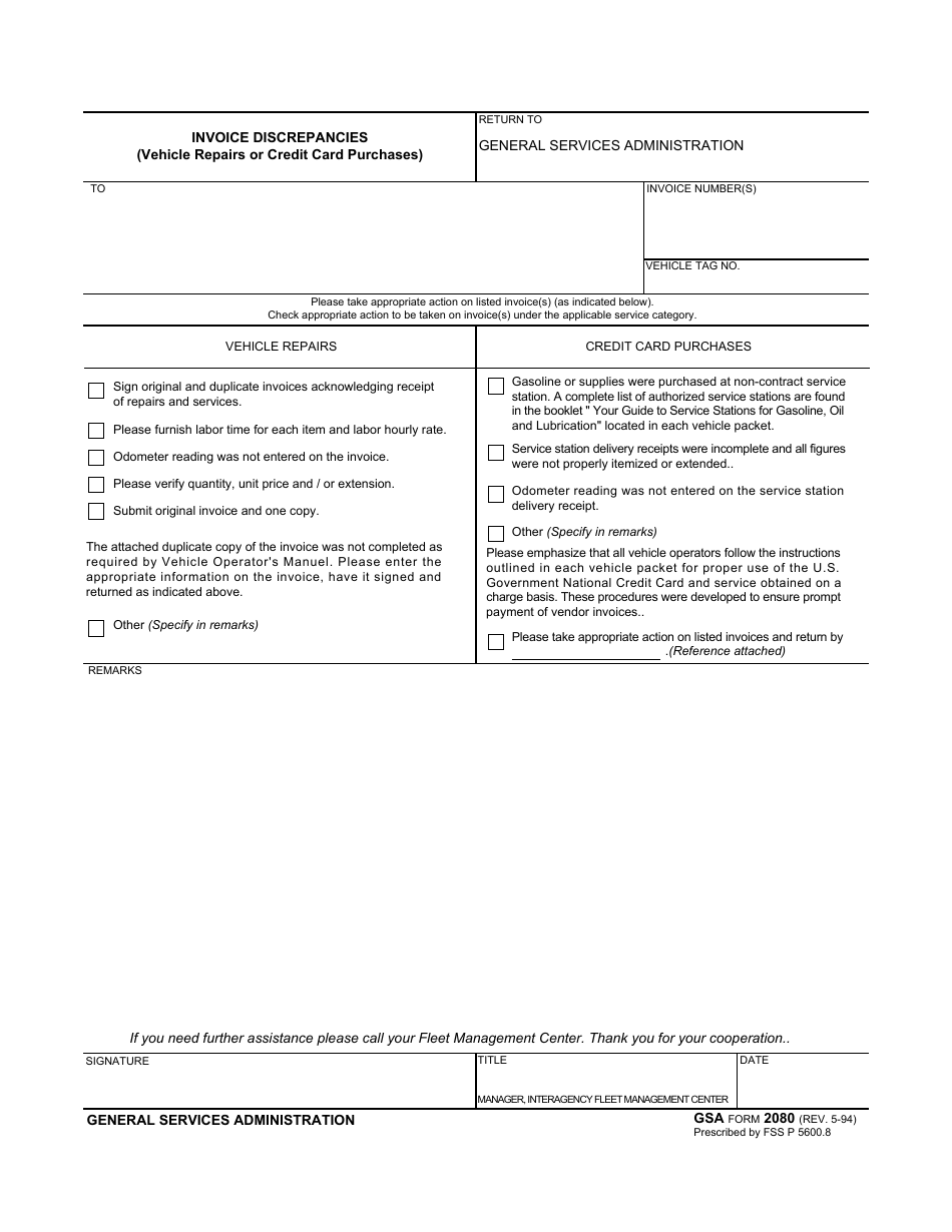 GSA Form 2080 Invoice Discrepancies (Vehicle Repairs or Credit Card Purchases), Page 1