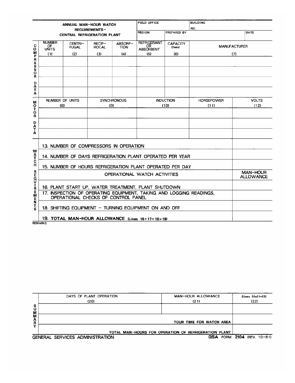 GSA Form 2104 Annual Man-Hour Watch Requirements - Central Refrigeration Plant, Page 1