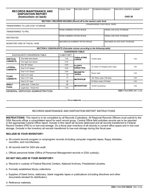 GSA Form 2151 Records Maintenance and Disposition Report