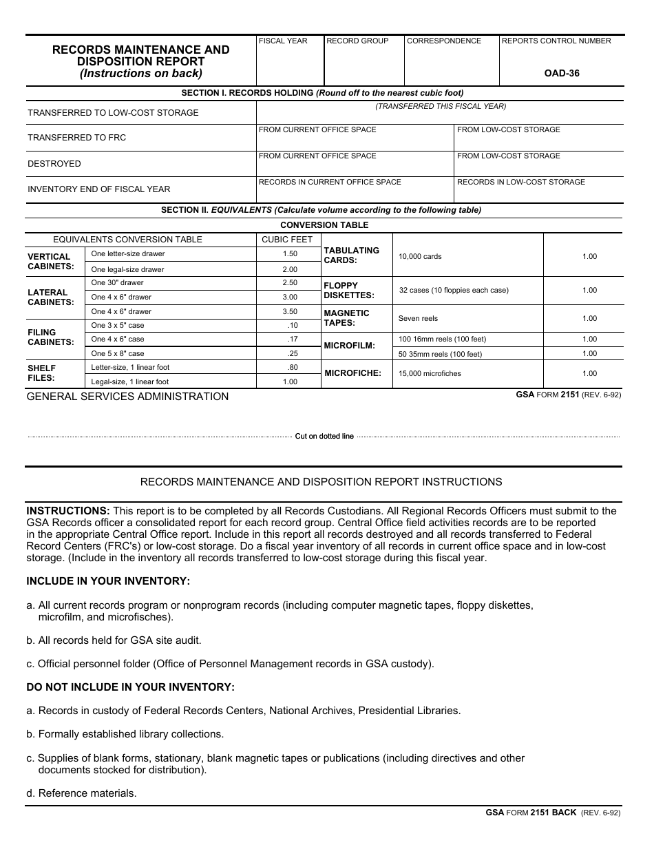 GSA Form 2151 Records Maintenance and Disposition Report, Page 1