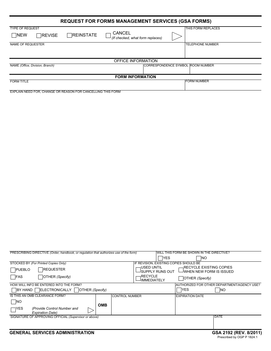 GSA Form 2192 Request for Forms Management Services (GSA Forms), Page 1