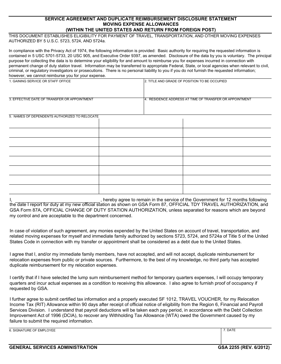 GSA Form 2255 Service Agreement and Duplicate Reimbursement Disclosure Statement Moving Expense Allowances (Within the United States and Return From Foreign Post), Page 1