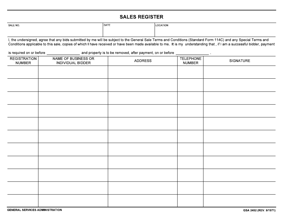 GSA Form 2452 Sales Register, Page 1