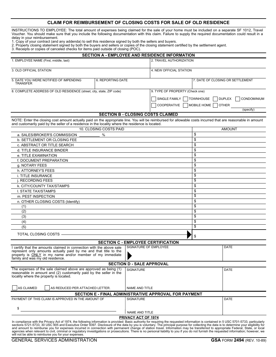 GSA Form 2494 Claim for Reimbursement of Closing Costs for Sale of Old Residence, Page 1