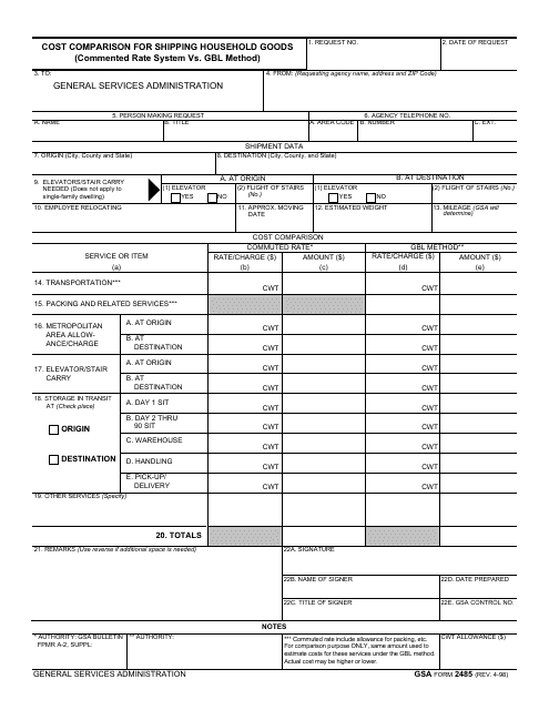 GSA Form 2485 Cost Comparison for Shipping Household Goods (Commented Rate System VS. Gbl Method)